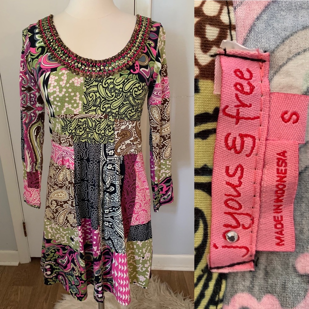Joyous & Free Dress Patchwork Pink Sage Beaded S